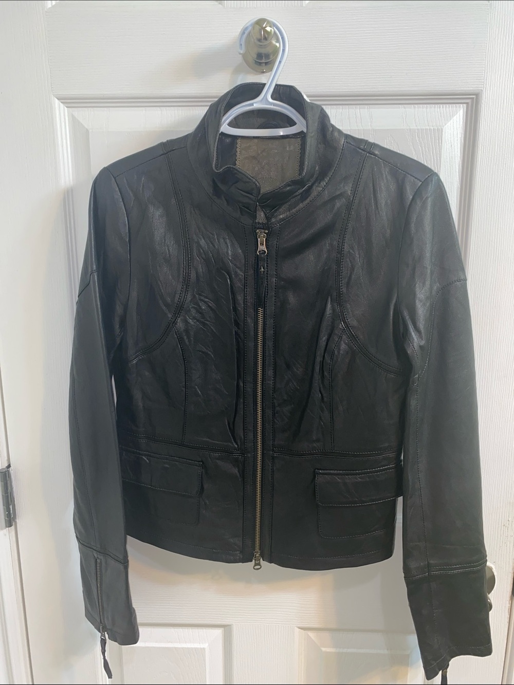 Modern Vintage Bohemian Soft Lamb Skin Black Leather Moto Jacket Medium Festival